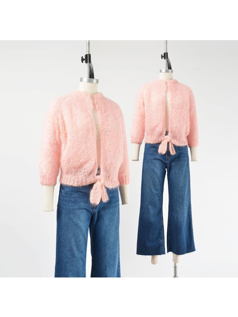 Vintage 60s Pink Mohair Cardigan Hand Knit Sheer Tie Front Sweater XS S